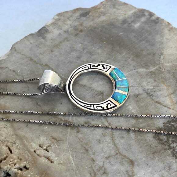 VTG Sterling Silver 925 Navajo Opal Inlay Southwest Style Pendant Necklace 18" - Picture 3 of 16
